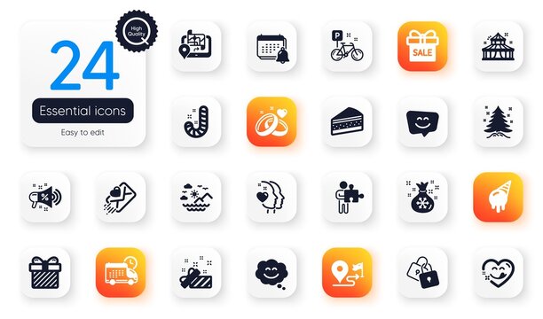 Set of Holidays flat icons. Present, Gps and Surprise elements for web application. Santa sack, Sale offer, Cake icons. Love letter, Smile chat, Circus elements. Bike, Delivery, Heart. Vector