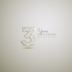 3 years anniversary logotype with gold wireframe low poly style. Vector Template Design Illustration.