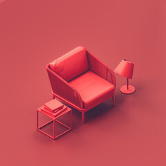 Obraz premium Isometric single armchair in a red room. Monochrome single red color armchair in livingroom with plant, floor lamp and side table. 3d Rendering