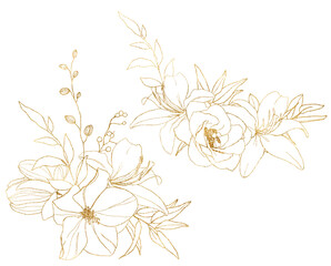 Watercolor gold linear bouquet of ranunculus, lily, lotus, magnolia and rose. Hand painted meadow flowers and leaves isolated on white background. Floral illustration for design, print or background. - obrazy, fototapety, plakaty