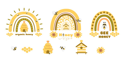 Honey rainbow bee set. Cute yellow rainbows, honey jar, bee, sweet honey beekeeping graphic element isolated. Cute bee honey organic logo. Vector illustration design. Summer bee rainbow design.