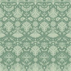 Damask paisley sage green seamless repeat pattern. Hand drawn, vector boho ethnic elements, flowers, leaves and dots all over print in pastel greens.