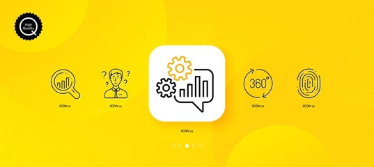 Fototapeta na wymiar 360 degrees, Support consultant and Fingerprint minimal line icons. Yellow abstract background. Seo analysis, Cogwheel icons. For web, application, printing. Vector
