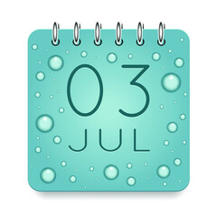 03 day of month. July. Calendar daily icon. Date day week Sunday, Monday, Tuesday, Wednesday, Thursday, Friday, Saturday. Dark Blue text. Cut paper. Water drop dew raindrops. Vector illustration.