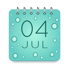 04 day of month. July. Calendar daily icon. Date day week Sunday, Monday, Tuesday, Wednesday, Thursday, Friday, Saturday. Dark Blue text. Cut paper. Water drop dew raindrops. Vector illustration.