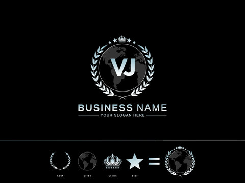 Abstract VJ Logo Image, Premium letter vj logo design Simple circle Leaf Globe Royal Crown and Star Logo Icon vector stock