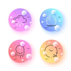 Fire energy, 24 hours and Swipe up minimal line icons. 3d spheres or balls buttons. Cloud computing icons. For web, application, printing. Heating, Time, Scrolling page. Online storage. Vector