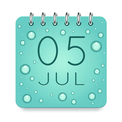 05 day of month. July. Calendar daily icon. Date day week Sunday, Monday, Tuesday, Wednesday, Thursday, Friday, Saturday. Dark Blue text. Cut paper. Water drop dew raindrops. Vector illustration.