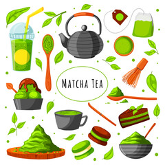 Various matcha tea products. Matcha powder, macarons, tea pot, bamboo spoon, tea leaves. Hand drawn vector set. Colored trendy illustration. Flat design. All elements are isolated