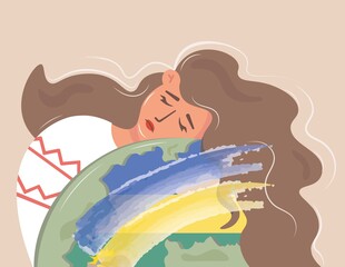 Banner with a Ukrainian girl hugging the planet, sad. A young woman mourns for the Ukrainian land. The concept of emotional experiences, suffering and loss. Stop the war. Vector illustration.