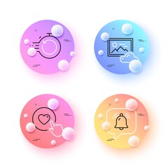 Notification bubble, Fast recovery and Like button minimal line icons. 3d spheres or balls buttons. Photo cloud icons. For web, application, printing. Bell, Backup timer, Press love. Image hub. Vector