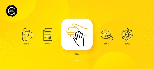 Fototapeta na wymiar Fitness water, Volunteer and Quick tips minimal line icons. Yellow abstract background. Attachment, Versatile icons. For web, application, printing. Drink bottle, Social care, Helpful tricks. Vector