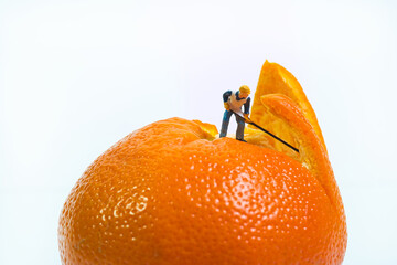 a worker with a crowbar stands on a clementine to peel it
