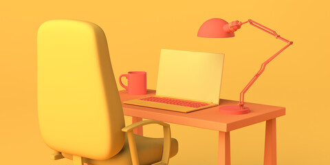 Cartoon work office with laptop, chair, and coffee cup. Freelance. 3D illustration. Copy space.