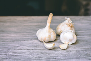 Close-up of fresh white garlic. Copy space
