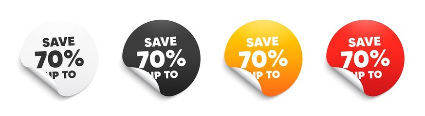 Save up to 70 percent. Round sticker badge with offer. Discount Sale offer price sign. Special offer symbol. Paper label banner. Discount adhesive tag. Vector