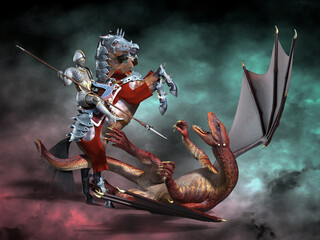 A knight on horseback defeating a dragon. 3d illustration