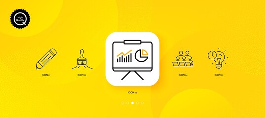 Fototapeta na wymiar Presentation, Brush and Pencil minimal line icons. Yellow abstract background. Time management, Teamwork icons. For web, application, printing. Board with charts, Art brush, Edit data. Vector