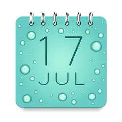 17 day of month. July. Calendar daily icon. Date day week Sunday, Monday, Tuesday, Wednesday, Thursday, Friday, Saturday. Dark Blue text. Cut paper. Water drop dew raindrops. Vector illustration.