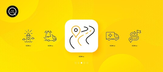 Fototapeta na wymiar Ambulance emergency, Road and Lighthouse minimal line icons. Yellow abstract background. Journey, Delivery notification icons. For web, application, printing. Vector