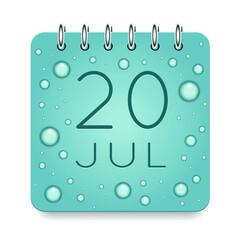 20 day of month. July. Calendar daily icon. Date day week Sunday, Monday, Tuesday, Wednesday, Thursday, Friday, Saturday. Dark Blue text. Cut paper. Water drop dew raindrops. Vector illustration.
