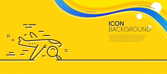 Naklejka na ściany i meble Search flight line icon. Abstract yellow background. Find travel sign. Magnify glass. Minimal search flight line icon. Wave banner concept. Vector