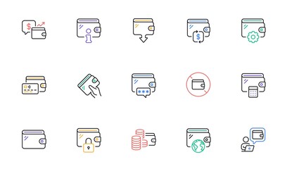 Wallet line icons. Money transfer, Credit card payment, Withdraw funds icons. Cash purse, Money access and online Wallet. Money commerce, Deposit transfer and Calculate cash budget. Vector