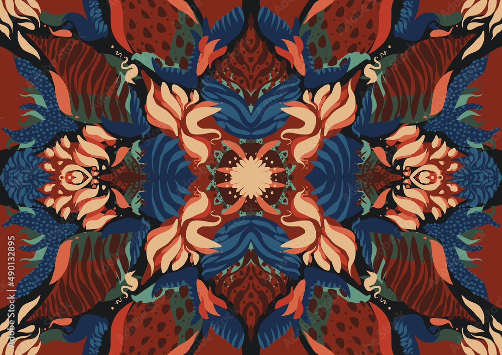 Poster 3d rendering of futuristic kaleidoscopic patterns background in vibrant red and blue colors