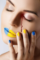 Crying Ukrainian woman with a bloody tears