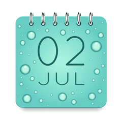 02 day of month. July. Calendar daily icon. Date day week Sunday, Monday, Tuesday, Wednesday, Thursday, Friday, Saturday. Dark Blue text. Cut paper. Water drop dew raindrops. Vector illustration.