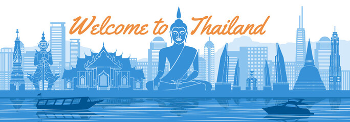 Naklejka premium Thailand famous landmark with blue and white color design,vector illustration