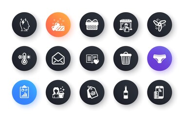 Minimal set of Wind energy, Cleaning and Gift flat icons for web development. Delivery market, Mail, Thermometer icons. Report, Stress, Trash bin web elements. Present, Love book, Sale tag. Vector