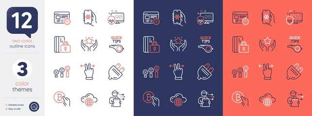 Set of Cyber attack, Blocked card and Air conditioning line icons. Include Tutorials, Customer satisfaction, Bitcoin pay icons. Web timer, Electric plug, Cloud computing web elements. Vector