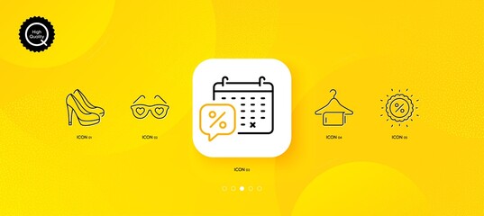Discounts calendar, Shoes and Clean towel minimal line icons. Yellow abstract background. Discount, Love glasses icons. For web, application, printing. Vector