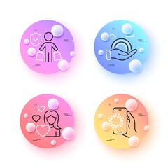 Covid app, Lgbt and Love minimal line icons. 3d spheres or balls buttons. Buyer insurance icons. For web, application, printing. Dirty phone, Rainbow care, Woman in love. Purchase coverage. Vector