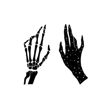 Hand Drawn Skeleton Hand Gestures and Human Hand. Mystic Occult Silhouettes