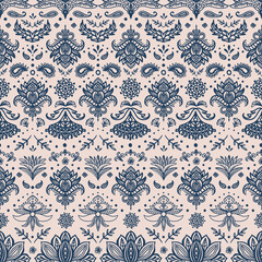Damask boho seamless repeat pattern. Vector, paisleys, flowers, leaves, botanical elements and dots all over print.