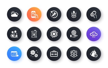 Minimal set of Recovery tool, Sunny weather and Capsule pill flat icons for web development. Coronavirus, Accounting, Inspect icons. Safe planet, File storage, Oil barrel web elements. Vector