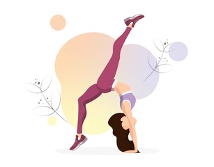 Vector illustration with woman doing physical activity. Healthy girl in leggings and sports bras on white background. Fitness, yoga and meditation. Healthy lifestyle at home and in the studio