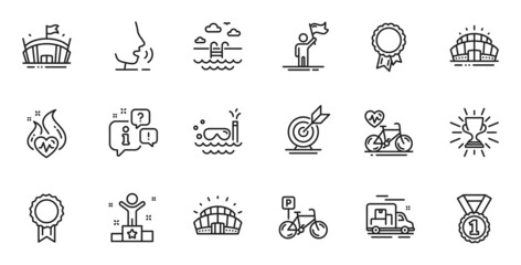 Outline set of Arena stadium, Scuba diving and Arena line icons for web application. Talk, information, delivery truck outline icon. Include Swimming pool, Best rank, Winner icons. Vector