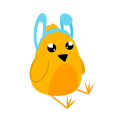 Adorable yellow chick with rabbit ears. Easter chick isolated on white background. Vector illustration for use in menu posters postcards promotional brochures. Design element