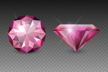 Vector 3d Realistic Pink Transparent Gemstone, Diamond, Crystal, Rhinestones Icon Set Closeup Isolated. Jewerly Concept. Design Template, Clipart. Top and Side View
