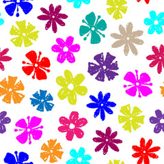 Beautiful bright colorful multicolored flowers isolated on white background. Cute colored floral seamless pattern. Vector simple flat graphic hand drawn illustration. Texture.