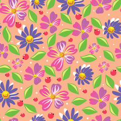 Wildflowers. Stylized spring summer seamless pattern. Vector image. 