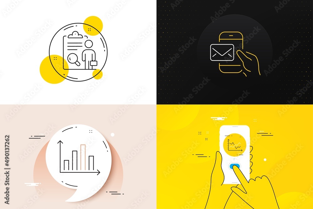 Poster minimal set of inspect, diagram graph and diagram chart line icons. phone screen, quote banners. mes