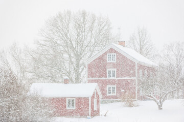 Snowfall in front of red houses