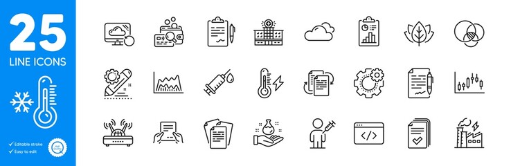 Outline icons set. Wifi, Handout and Low thermometer icons. Seo script, Agreement document, Project edit web elements. Report, Electricity factory, Bureaucracy signs. Hospital building. Vector
