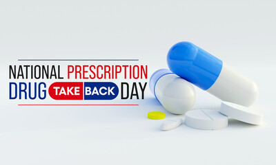 National Prescription drug take back day is observed every year in April, it is a safe, convenient, and responsible way to dispose of unused or expired prescription drugs. 3D Rendering - obrazy, fototapety, plakaty