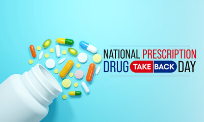 National Prescription drug take back day is observed every year in April, it is a safe, convenient, and responsible way to dispose of unused or expired prescription drugs. 3D Rendering - obrazy, fototapety, plakaty