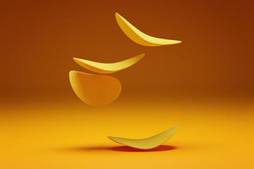 Crispy potato chips flying in the air. On an orange background. Fast food.